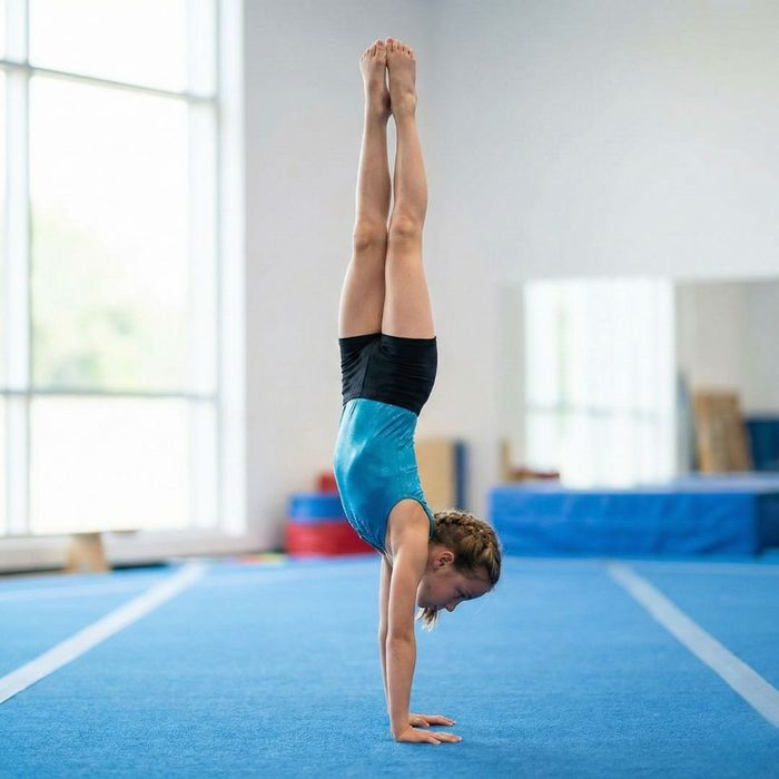 Child practicing a gymnastics handstand to build core strength and balance.