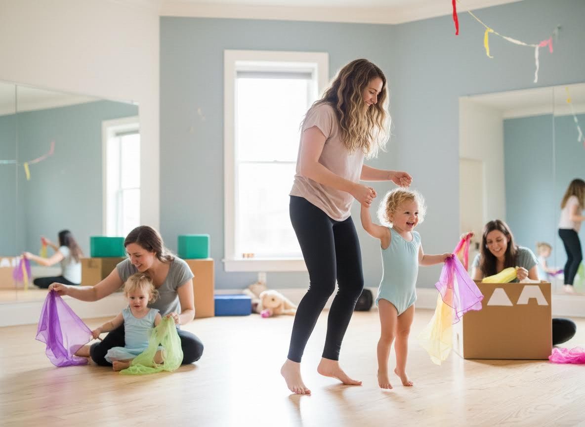 Toddlers and adults playing with colorful scarves