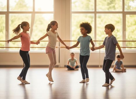 Four happy diverse children dance in a circle, holding hands, in a bright studio with large windows and a ballet barre. Diverse children dancing in a studio
