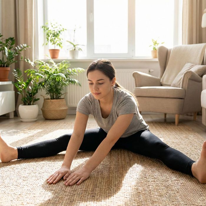 A dance student practicing a straddle stretch in a living room to improve flexibility for leaps and jumps.