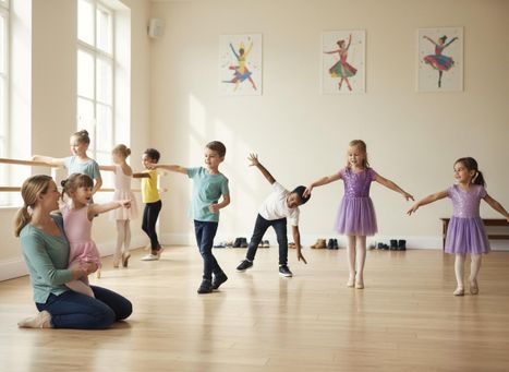 A diverse group of young children practice ballet poses with their female teacher in a brightly lit dance studio. Children's Ballet Class with Teacher