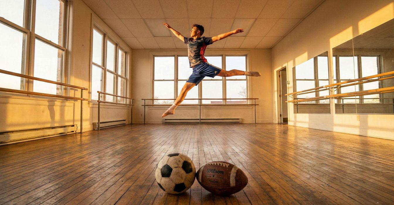 Young athlete leaping in a Troy dance school studio near a soccer ball and football.