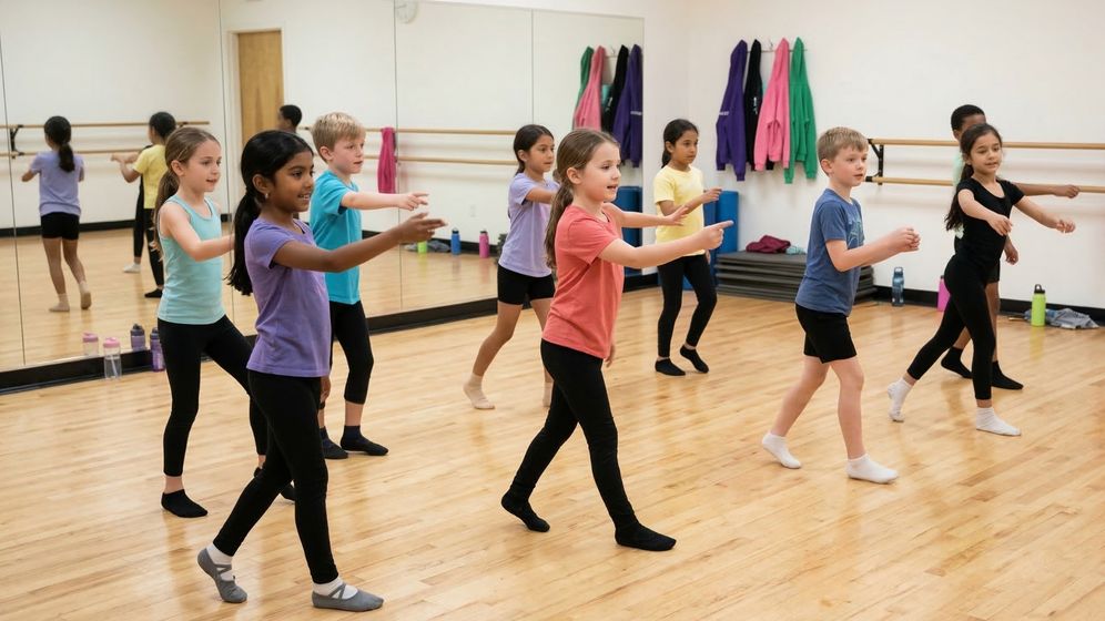 A group of smiling diverse children in a brightly lit dance studio practicing a group routine together. A group of smiling diverse children in a brightly lit dance studio practicing a group routine together.