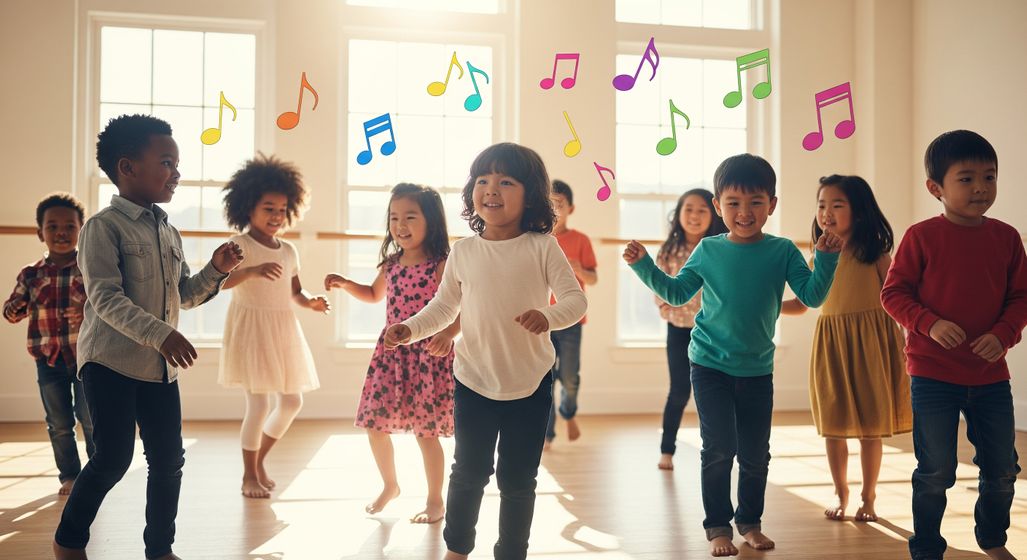 Diverse group of young children joyfully participating in a creative movement dance class with musical notes in the air. featured image july 2025 blog