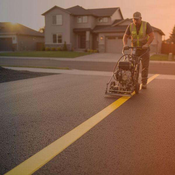 A professional in a high-visibility vest operates an asphalt striping machine, creating a crisp yellow line on a newly paved surface with a modern residential house in the soft focus background during sunset.