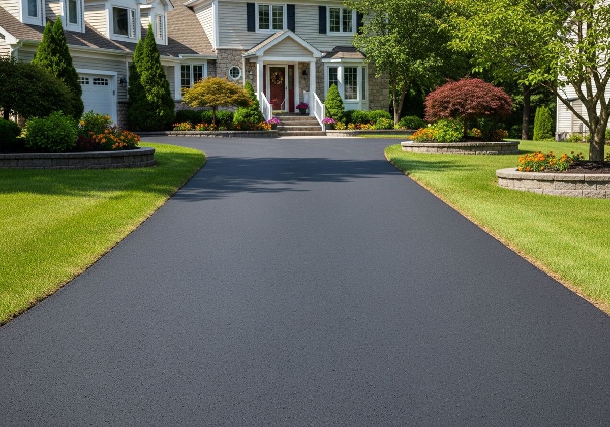 Freshly Sealed Asphalt Driveway Leading to a Beautiful Home
