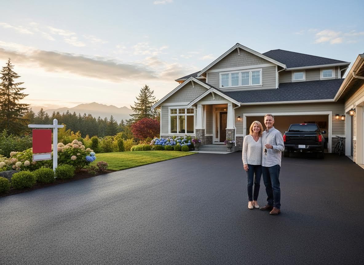 Smiling couple holding keys outside their new home