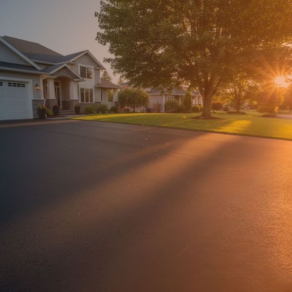 A freshly paved asphalt driveway in front of a modern suburban home, glowing in the warm light of a sunset.