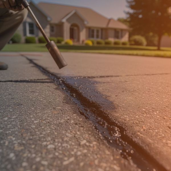 A close-up view shows a person applying hot asphalt crack filler into a crack on a paved surface using a torch, with a residential home in the blurred background on a sunny day.