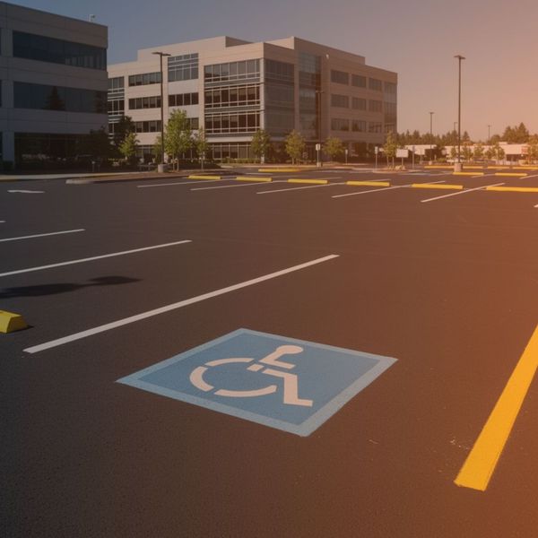 A freshly paved and striped commercial parking lot featuring a prominent blue ADA-compliant handicap parking space, yellow curb stops, and modern office buildings in the background under a clear sky.