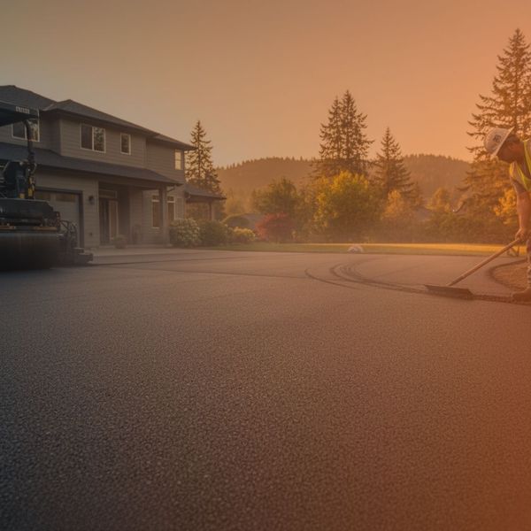 A worker from Capital Paving and Sealcoating smooths new asphalt on a residential driveway in Kelso, Washington, with a roller visible in the background.