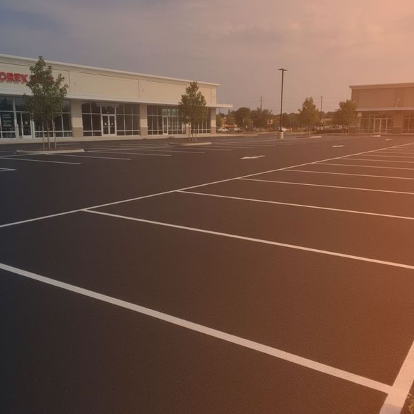 Fresh white lines are painted on a dark asphalt surface, creating clear parking space boundaries in a commercial lot.