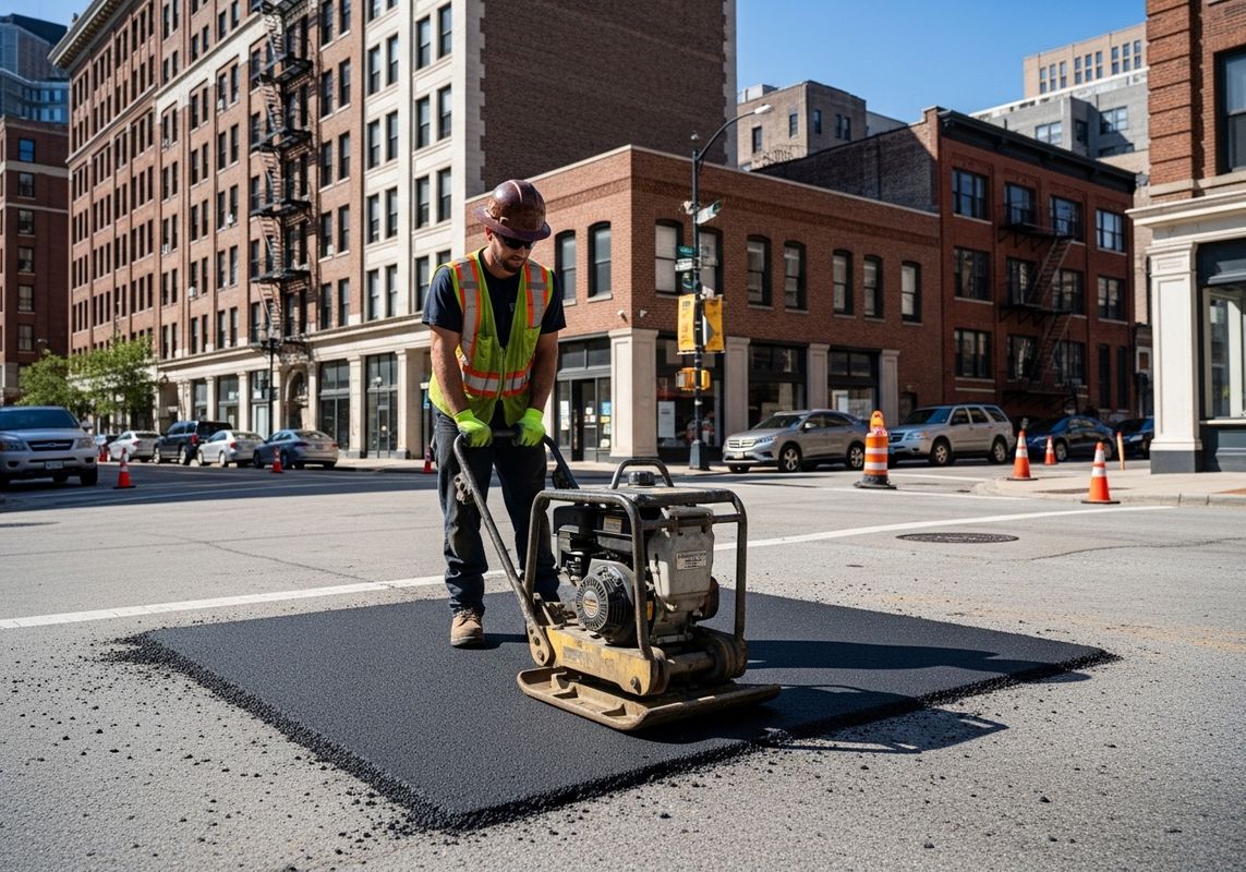 Road Worker Compacting Asphalt Patch
