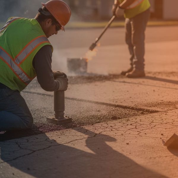 Capital Paving and Sealcoating crew members performing asphalt patchwork on a cracked surface, with one worker using a tamper and another heating asphalt.