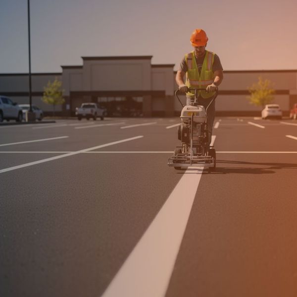 A Capital Paving and Sealcoating crew member meticulously paints crisp white lines for parking lot striping on newly sealed asphalt in Kelso, Washington.