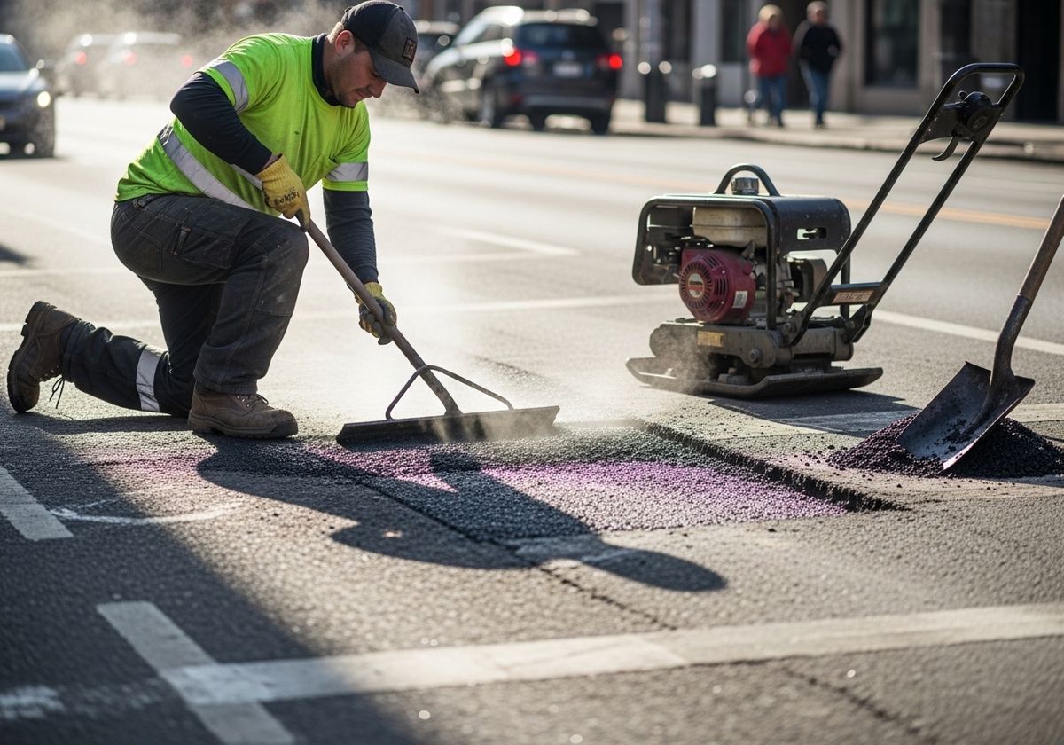Road worker repairing asphalt