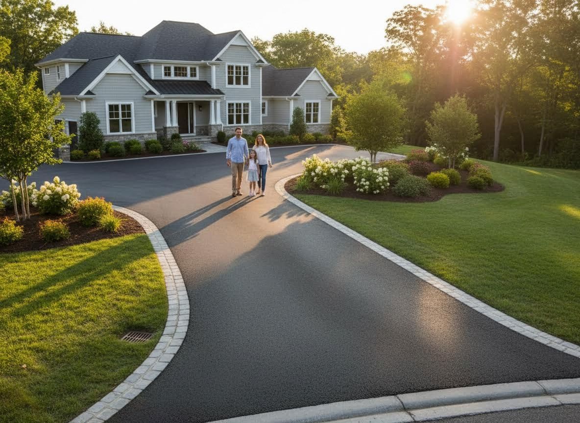 Family on asphalt driveway in front of large modern home