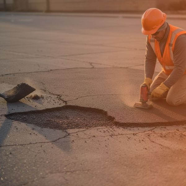 A worker in an orange safety vest and hard hat meticulously repairs a section of asphalt, filling a pothole and smoothing new material.