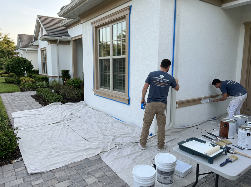 Painters prep and paint a white stucco house exterior. One tapes a downspout, the other paints trim. Drop cloths cover the ground. Two Painters Working on House Exterior