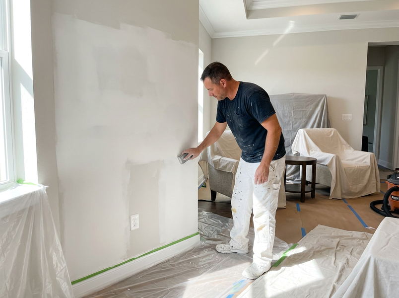 Man sanding a wall with a sanding block
