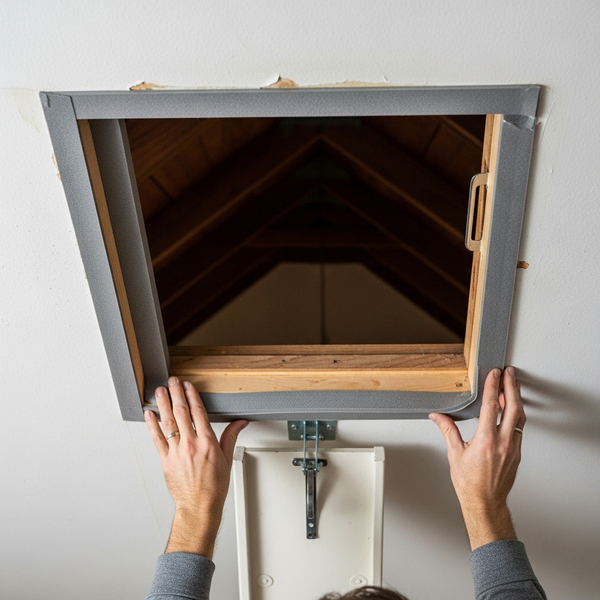 Sealing a residential attic hatch with foam weatherstripping to stop the chimney effect. Sealing a residential attic hatch with foam weatherstripping to stop the chimney effect.