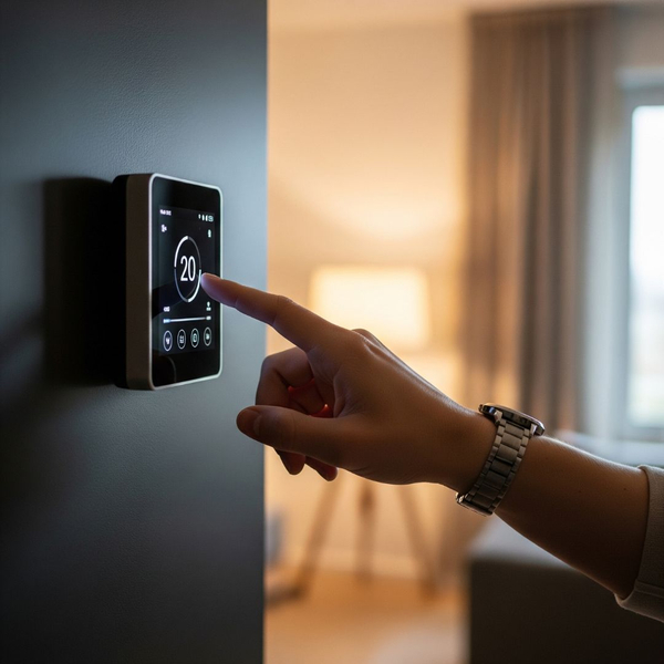 A hand adjusting an energy-efficient thermostat, symbolizing cost savings