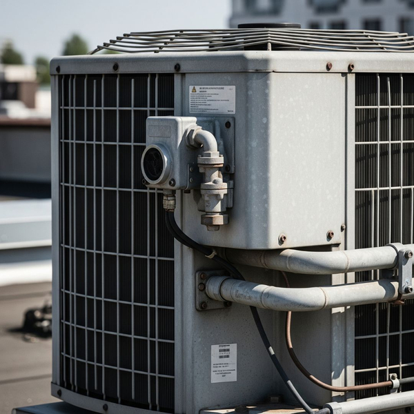 A close-up shot of a commercial AC unit, highlighting its components and age