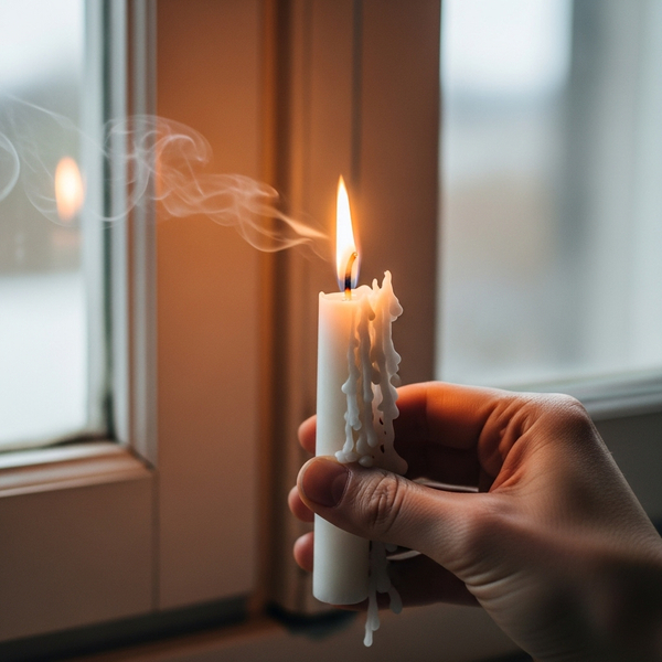 Using a candle flame to detect air drafts around a window frame. Using a candle flame to detect air drafts around a window frame.