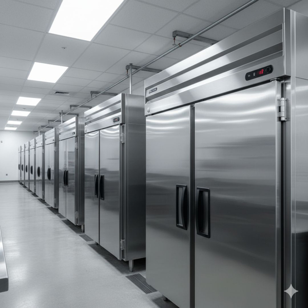 long row of commercial refrigerator units