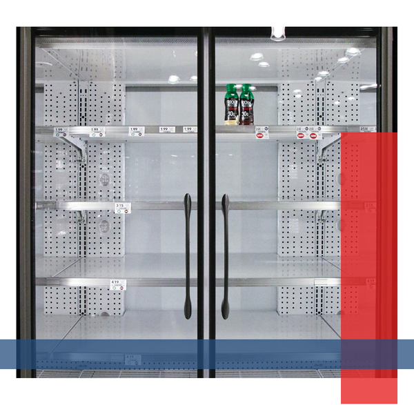Commercial fridge with clear doors.
