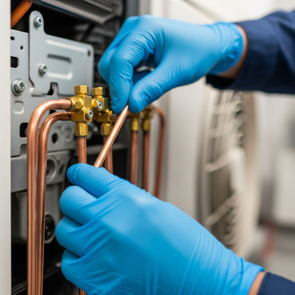 An HVAC technician inspecting refrigerant lines