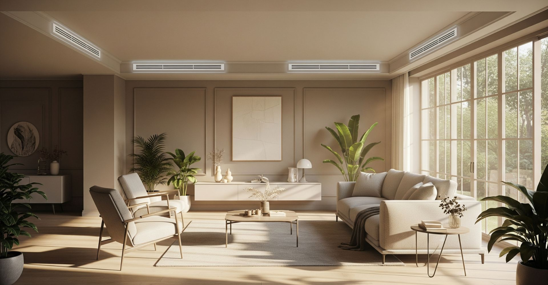 A clean and healthy living room environment, showcasing the benefits of a well-maintained HVAC system
