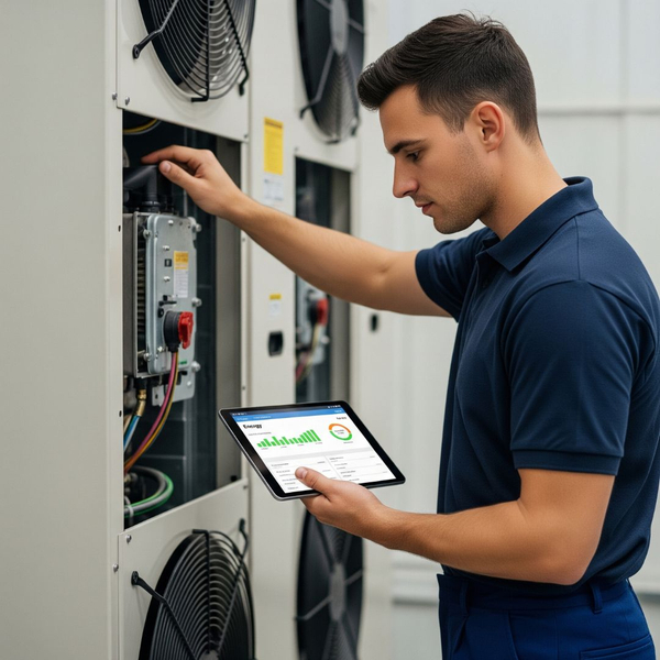 Technician inspecting a commercial AC unit showing energy data