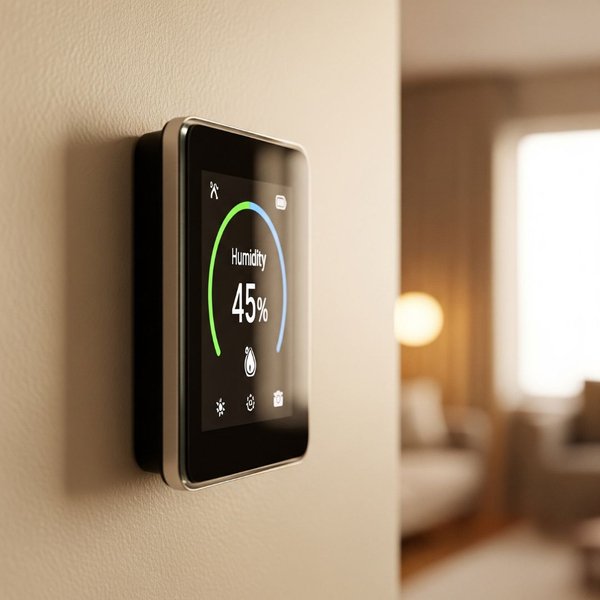 A modern thermostat showing optimal home humidity levels