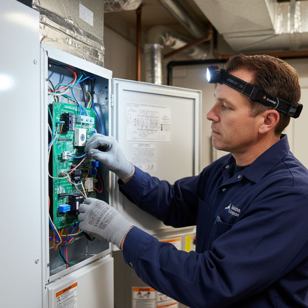 HVAC technician working on a furnace. HVAC technician working on a furnace.
