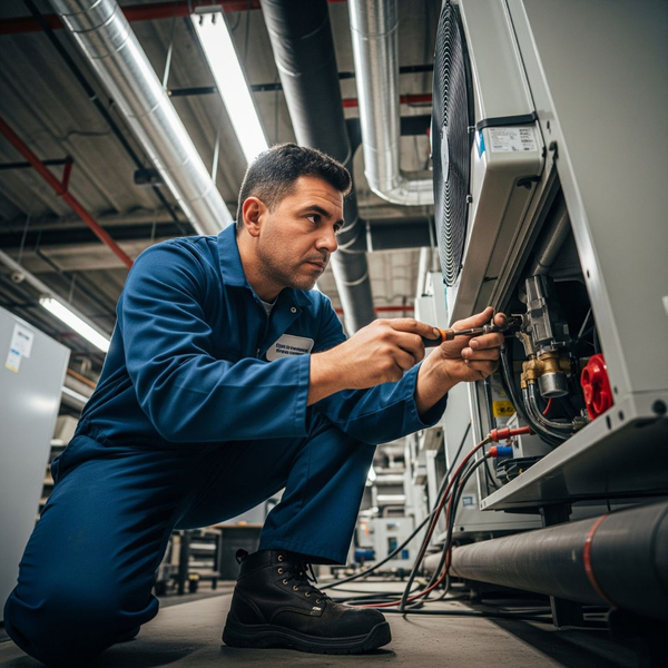 A technician working on a commercial AC unit, symbolizing repair work