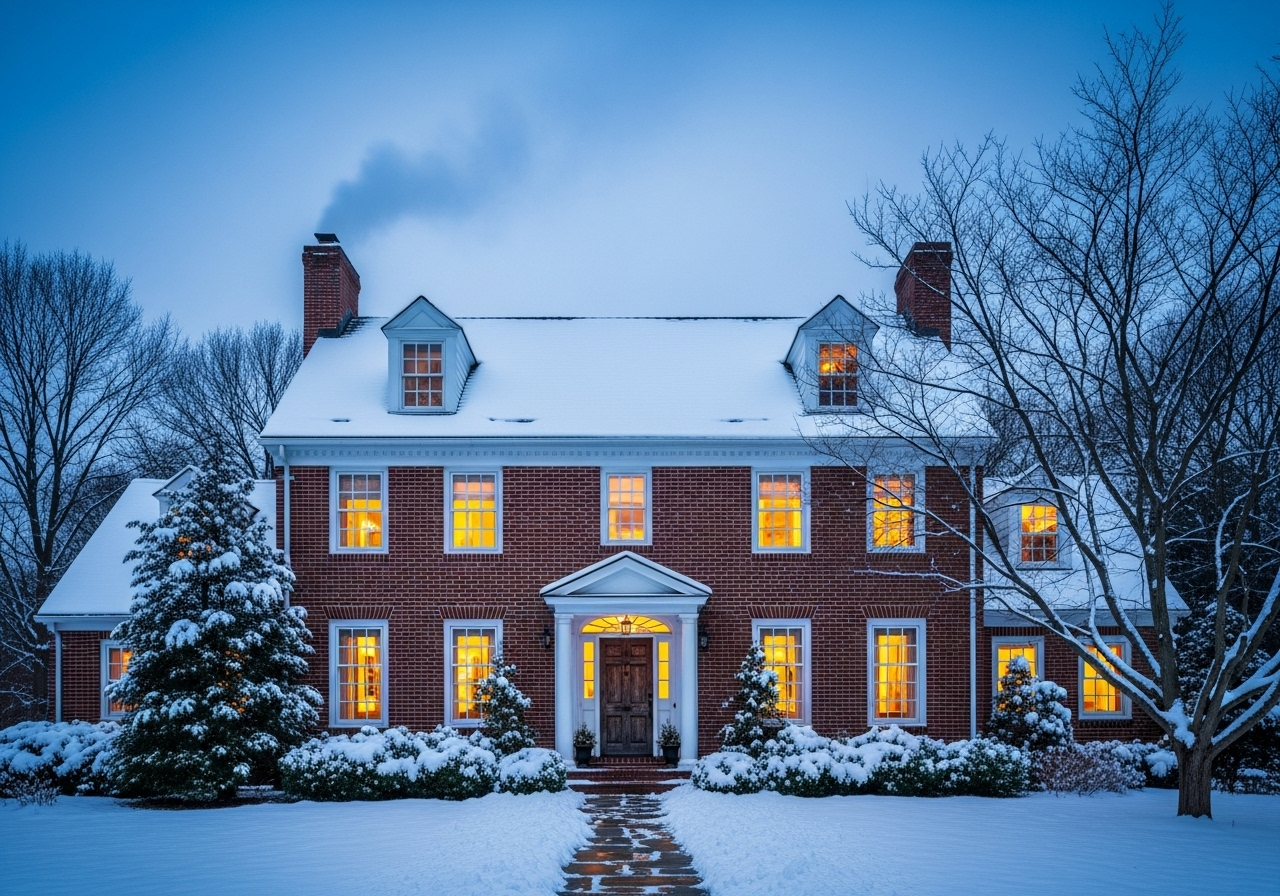 Older residential home in Northern Virginia during a snowy winter evening. Older residential home in Northern Virginia during a snowy winter evening.