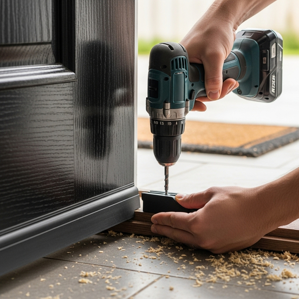 DIY installation of adhesive weatherstripping and a door sweep to prevent heat loss. DIY installation of adhesive weatherstripping and a door sweep to prevent heat loss.