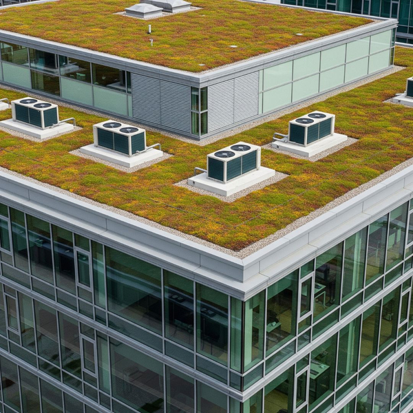 Commercial building with a green roof and efficient AC units