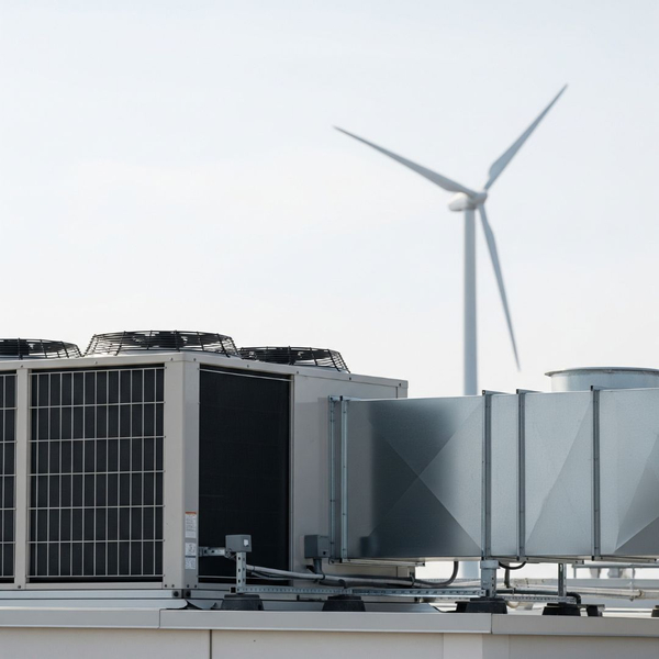 Commercial HVAC unit with a wind turbine in the background