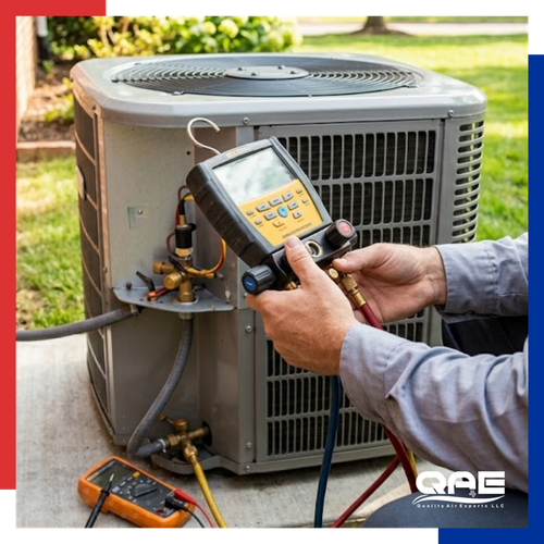 maintenance tool reading levels on outdoor HVAC unit 