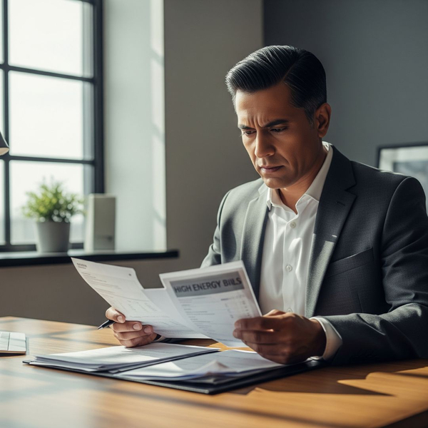 A person reviewing their energy bills, looking concerned about the high costs