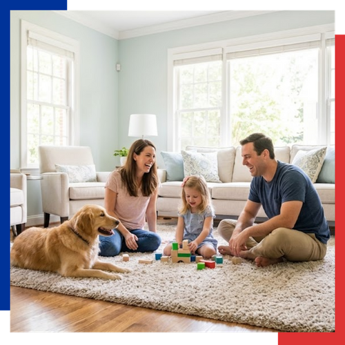 family playing with blocks in living room