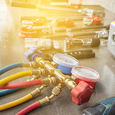 HVAC tools spread out on a table.