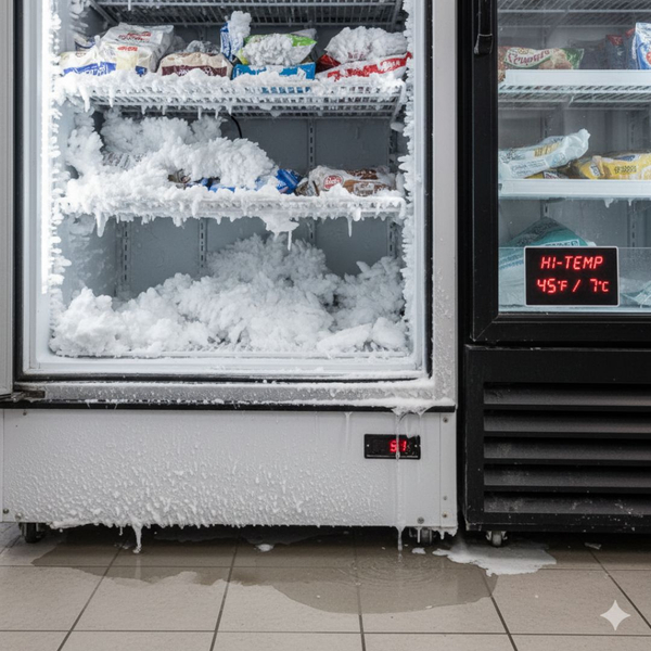 commercial refrigerator with several things going wrong: large amount of frost, water dripping on floor, thermostat saying hi-temp