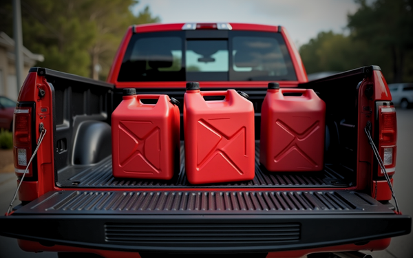 fuel jerry cans in the back of a truck