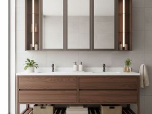 Contemporary bathroom vanity with double sinks, wooden cabinetry featuring ample drawer and open shelving storage, and sleek illuminated medicine cabinets above.