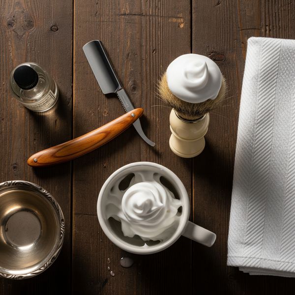 A classic shaving kit with a straight razor on a wooden surface. Our Guide1.jpeg