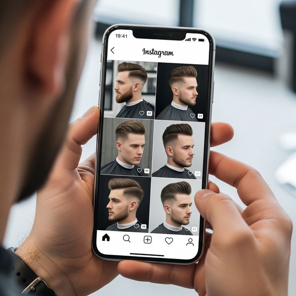A person looking at a portfolio of men's haircuts on a smartphone. Our Guide2.jpeg