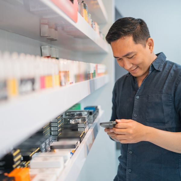 Smoke shop owner looking at his inventory